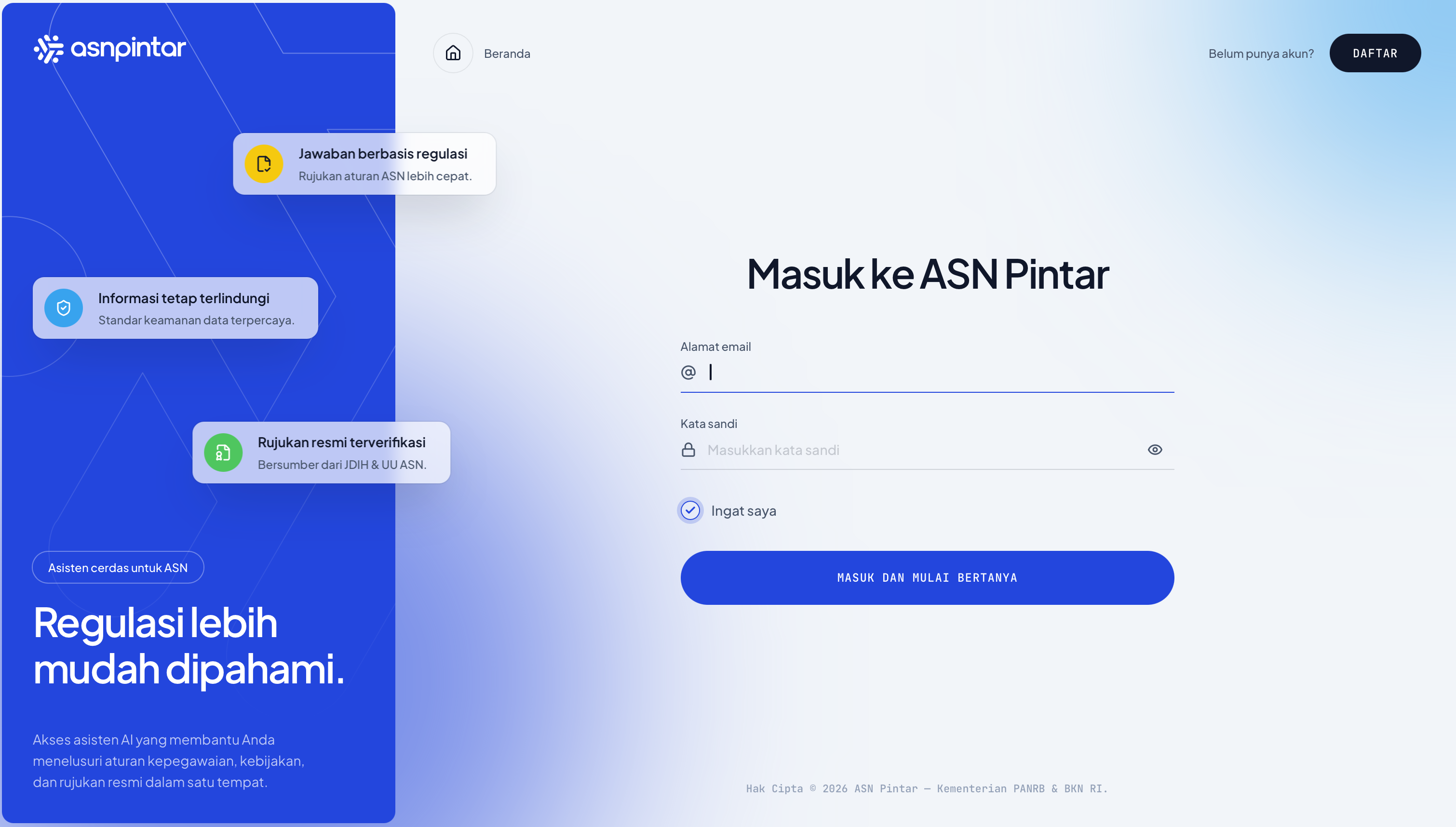 Tampilan masuk ASN Pintar